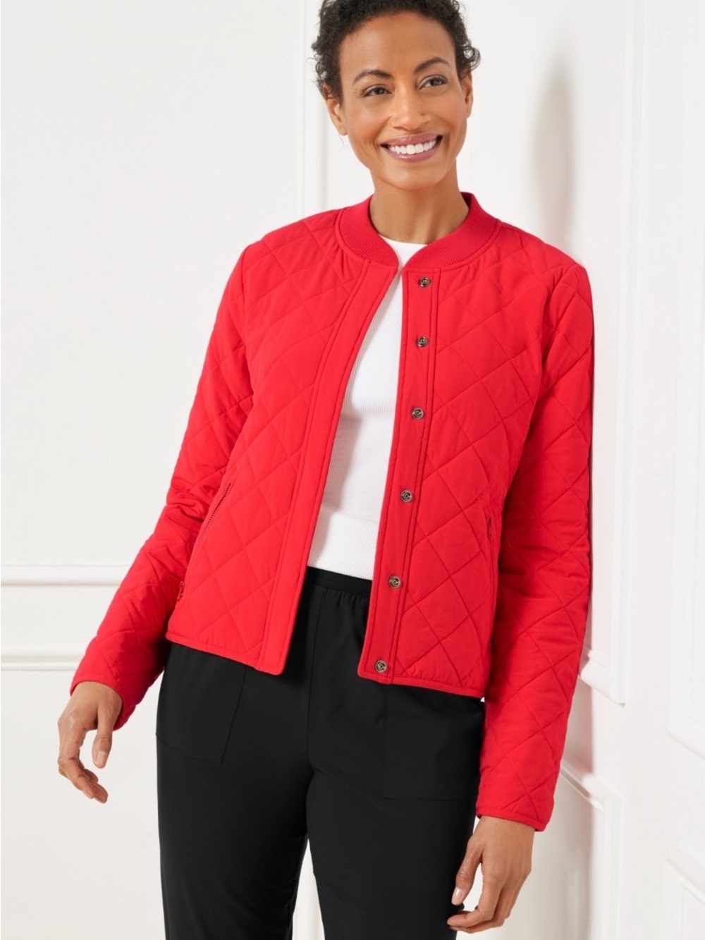 NWT TALBOTS | Red Quilted Lightweight Snap-Front Zip Pockets Jacket Coat Sz. XL